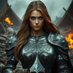 A stunning and powerful woman inquisitor with deep blue eyes and a very large bust, long light brown hair cascading down her shoulders