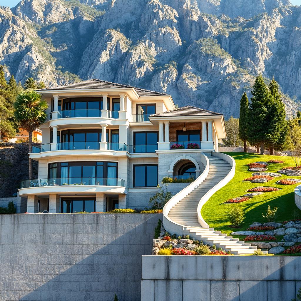 A luxurious duplex house situated on a 4-meter high concrete wall at the foothills of tall mountains