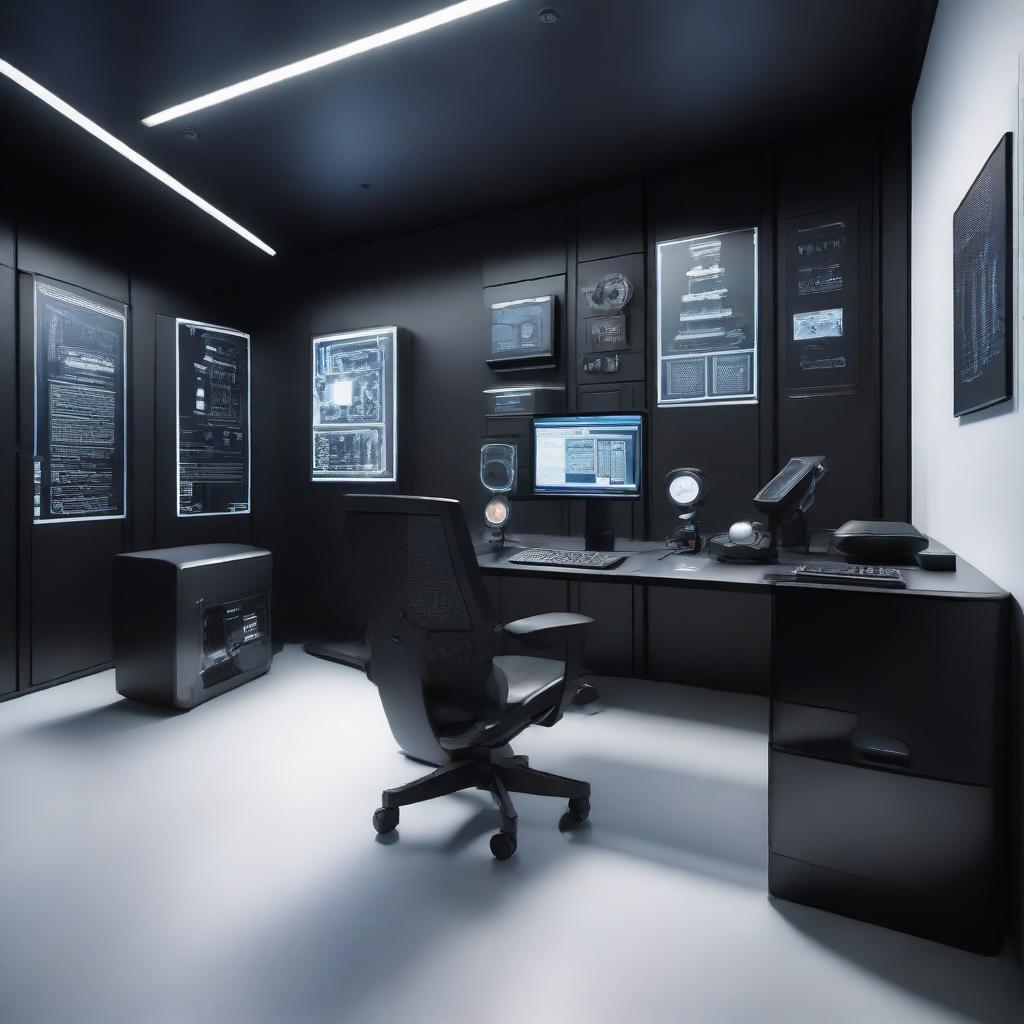 A detailed, high-tech room with an array of gadgets placed elegantly on a table. The walls, painted in a sleek black colour, are adorned with various computer systems.