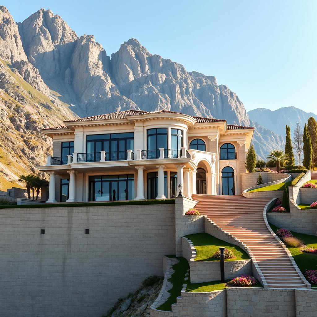 An opulent duplex house nestled at the foot of towering mountains, sitting on a 4-meter high concrete wall