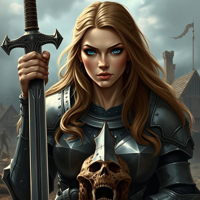 A busty woman inquisitor with deep blue eyes and a very big bust, featuring long light brown hair, clad in heavy plated armor