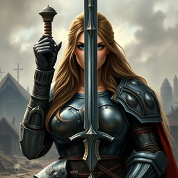 A busty woman inquisitor with deep blue eyes and a very big bust, featuring long light brown hair, clad in heavy plated armor