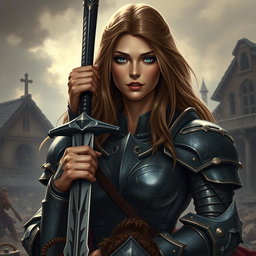A busty woman inquisitor with deep blue eyes and a very big bust, featuring long light brown hair, clad in heavy plated armor