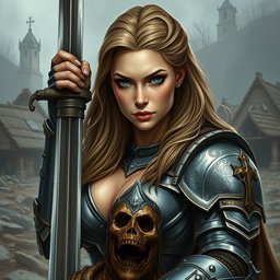 A busty woman inquisitor with deep blue eyes and a very big bust, featuring long light brown hair, clad in heavy plated armor