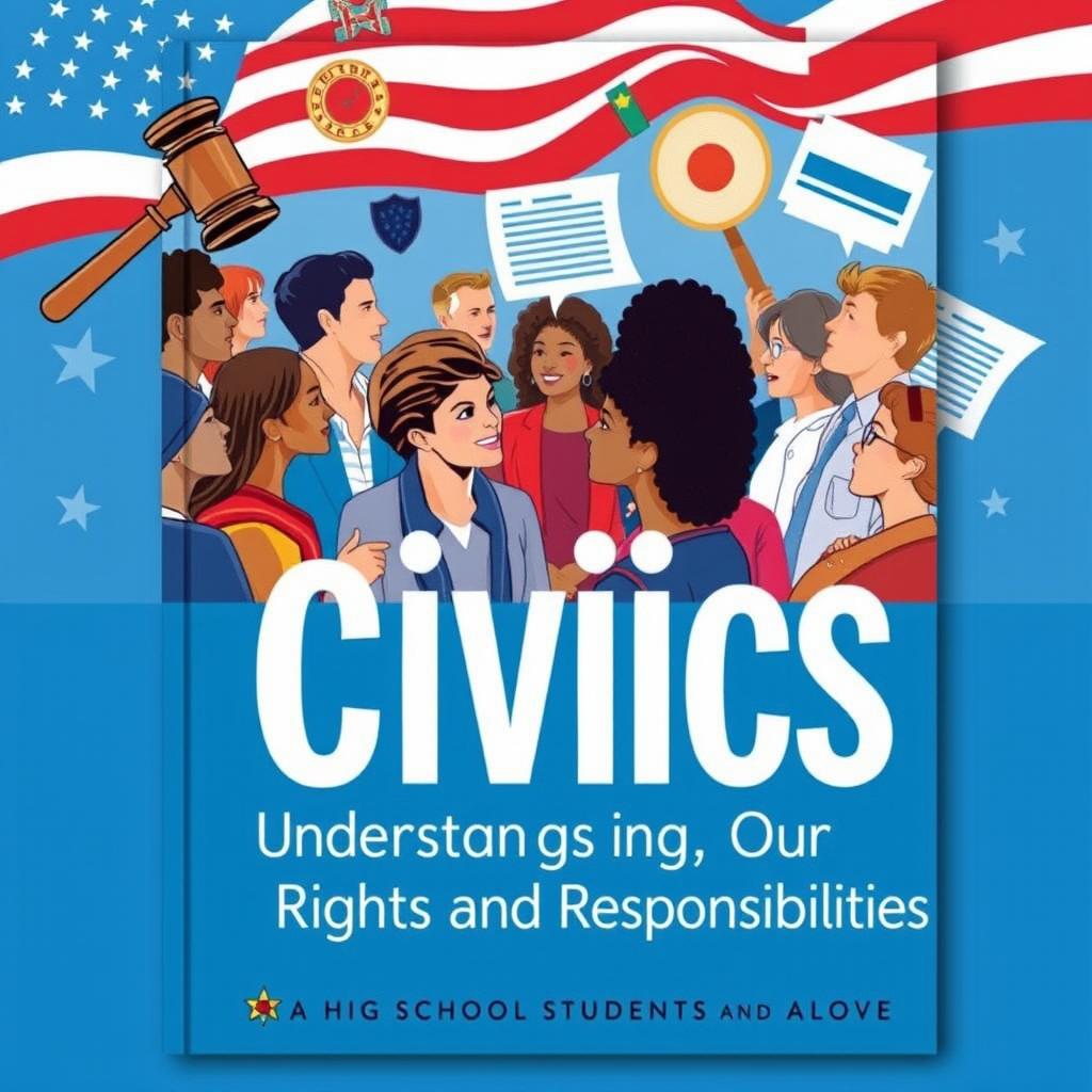 A visually striking civics book cover that features a diverse group of people engaged in a lively discussion about democracy and civic responsibility