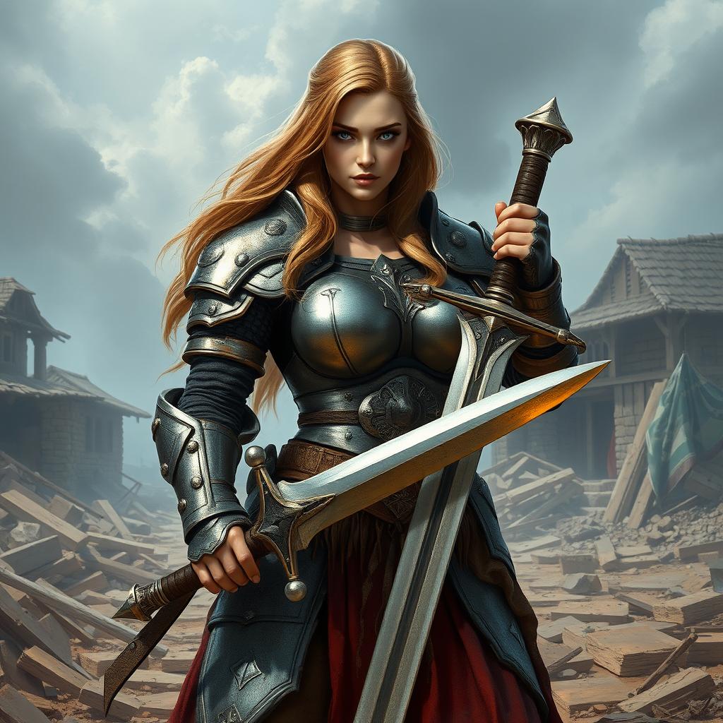 A busty and gorgeous female inquisitor with long light brown hair and deep-set blue eyes, possessing very big breasts and an oval-shaped, slightly angular face