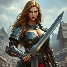 A busty and gorgeous female inquisitor with long light brown hair and deep-set blue eyes, possessing very big breasts and an oval-shaped, slightly angular face