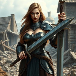 A busty and gorgeous female inquisitor with long light brown hair and deep-set blue eyes, possessing very big breasts and an oval-shaped, slightly angular face