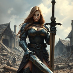 A busty and gorgeous female inquisitor with long light brown hair and deep-set blue eyes, possessing very big breasts and an oval-shaped, slightly angular face