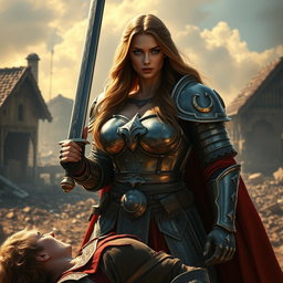 A busty, gorgeous woman inquisitor with long light brown hair and deep-set blue eyes stands confidently in the middle of a destroyed village