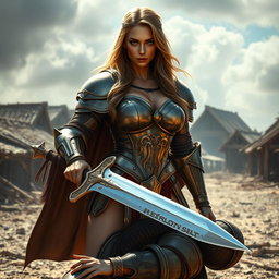 A busty, gorgeous woman inquisitor with long light brown hair and deep-set blue eyes stands confidently in the middle of a destroyed village