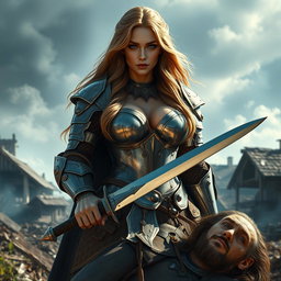 A busty, gorgeous woman inquisitor with long light brown hair and deep-set blue eyes stands confidently in the middle of a destroyed village