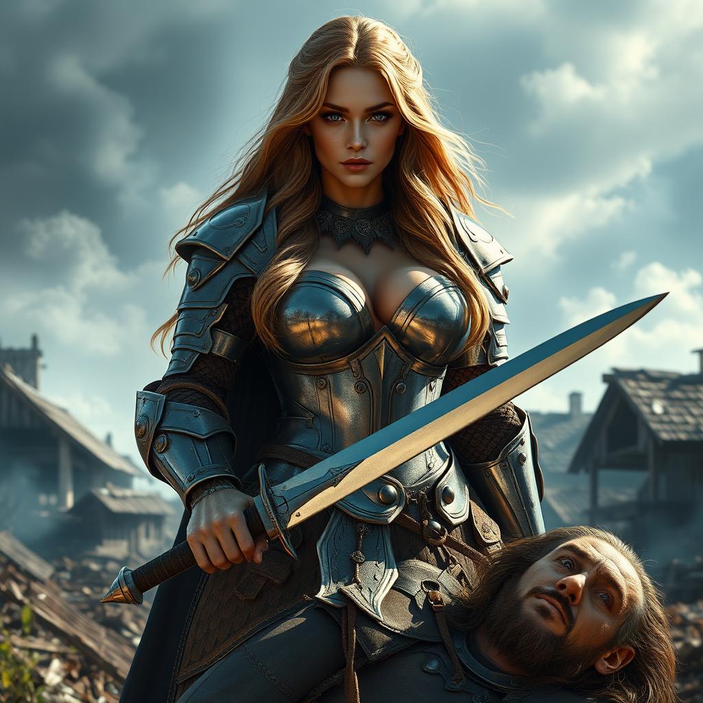 A busty, gorgeous woman inquisitor with long light brown hair and deep-set blue eyes stands confidently in the middle of a destroyed village
