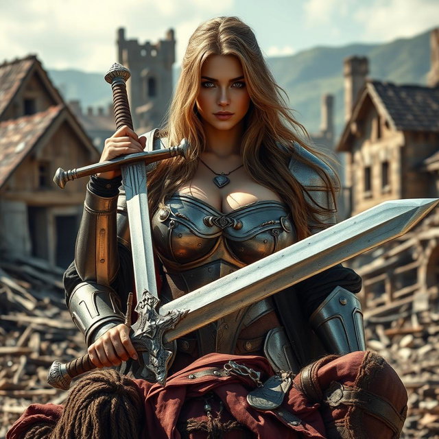 A busty, gorgeous woman inquisitor with long light brown hair and deep-set blue eyes stands confidently in the middle of a destroyed village
