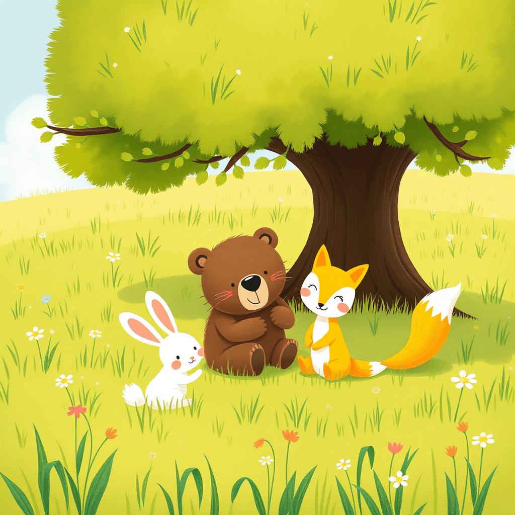 On a cheerful spring morning, a grassy field showcases an adorable brown bear, a cute little white rabbit, and a charming yellow fox playing together under a large tree