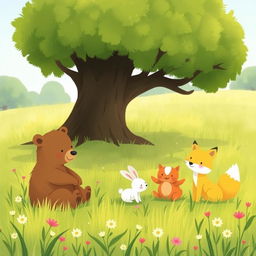 On a cheerful spring morning, a grassy field showcases an adorable brown bear, a cute little white rabbit, and a charming yellow fox playing together under a large tree