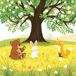 On a cheerful spring morning, a grassy field showcases an adorable brown bear, a cute little white rabbit, and a charming yellow fox playing together under a large tree