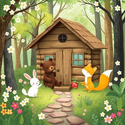 In a charming spring forest, a cozy wooden cabin stands amidst the greenery, where an adorable brown bear, a cute little white rabbit, and a charming yellow fox are joyfully playing together