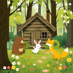 In a charming spring forest, a cozy wooden cabin stands amidst the greenery, where an adorable brown bear, a cute little white rabbit, and a charming yellow fox are joyfully playing together