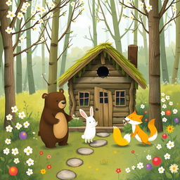 In a charming spring forest, a cozy wooden cabin stands amidst the greenery, where an adorable brown bear, a cute little white rabbit, and a charming yellow fox are joyfully playing together