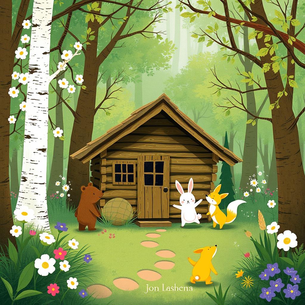In a charming spring forest, a cozy wooden cabin stands amidst the greenery, where an adorable brown bear, a cute little white rabbit, and a charming yellow fox are joyfully playing together
