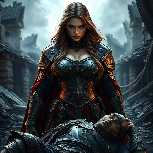 A busty, gorgeous woman inquisitor with long light brown hair and deep-set blue eyes, possessing an oval-shaped and slightly angular face