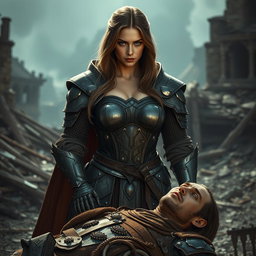 A busty, gorgeous woman inquisitor with long light brown hair and deep-set blue eyes, possessing an oval-shaped and slightly angular face