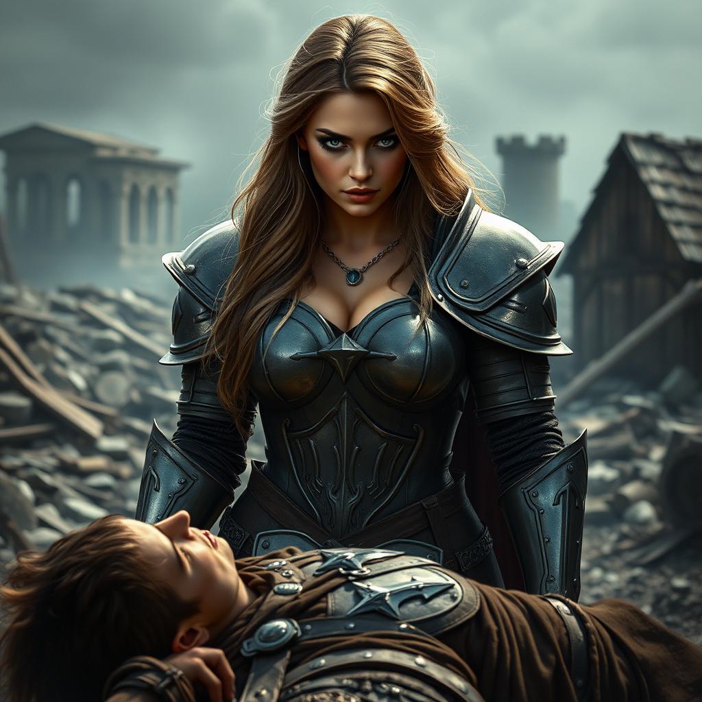 A busty, gorgeous woman inquisitor with long light brown hair and deep-set blue eyes, possessing an oval-shaped and slightly angular face