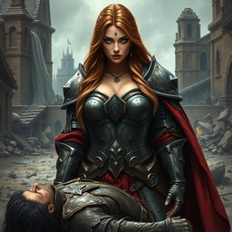 A busty gorgeous woman inquisitor with long light brown hair and deep-set blue eyes stands confidently in heavy plated armor in the middle of a destroyed village