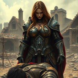 A busty gorgeous woman inquisitor with long light brown hair and deep-set blue eyes stands confidently in heavy plated armor in the middle of a destroyed village