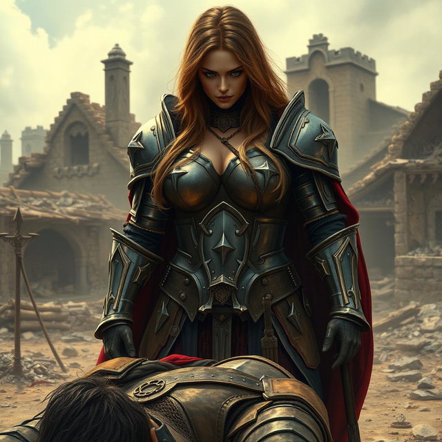 A busty gorgeous woman inquisitor with long light brown hair and deep-set blue eyes stands confidently in heavy plated armor in the middle of a destroyed village