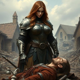 A busty gorgeous woman inquisitor with long light brown hair and deep-set blue eyes stands confidently in heavy plated armor in the middle of a destroyed village