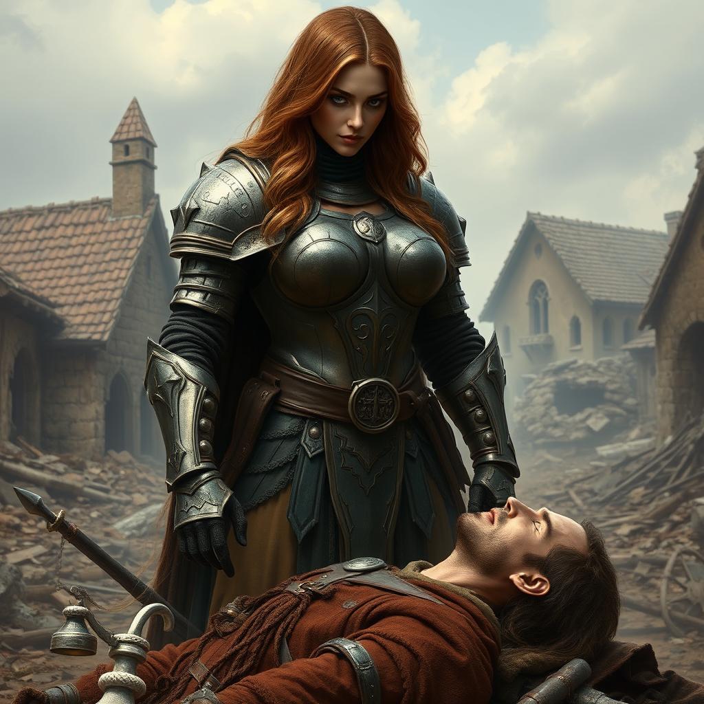 A busty gorgeous woman inquisitor with long light brown hair and deep-set blue eyes stands confidently in heavy plated armor in the middle of a destroyed village
