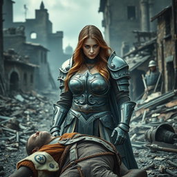 A busty gorgeous woman inquisitor with long light brown hair and deep-set blue eyes stands confidently in heavy plated armor in the middle of a destroyed village