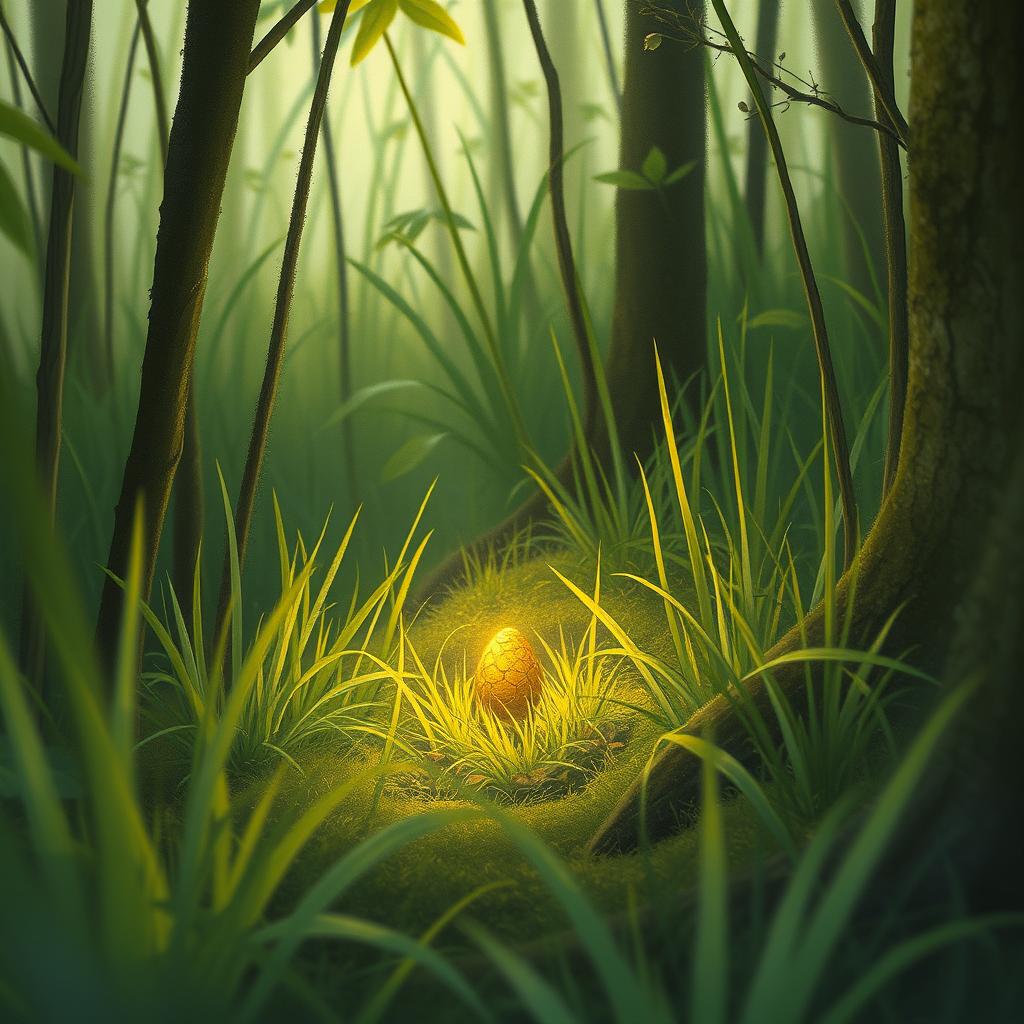 In a serene spring forest, nestled among the lush grass and foliage, lies a small golden seed glowing softly with light