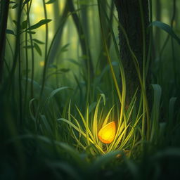 In a serene spring forest, nestled among the lush grass and foliage, lies a small golden seed glowing softly with light