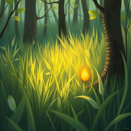 In a serene spring forest, nestled among the lush grass and foliage, lies a small golden seed glowing softly with light