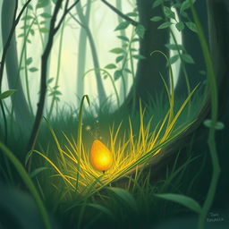 In a serene spring forest, nestled among the lush grass and foliage, lies a small golden seed glowing softly with light