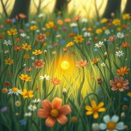 Amidst a vibrant spring meadow filled with colorful flowers and lush grass, a small, round golden seed glows softly with a warm light