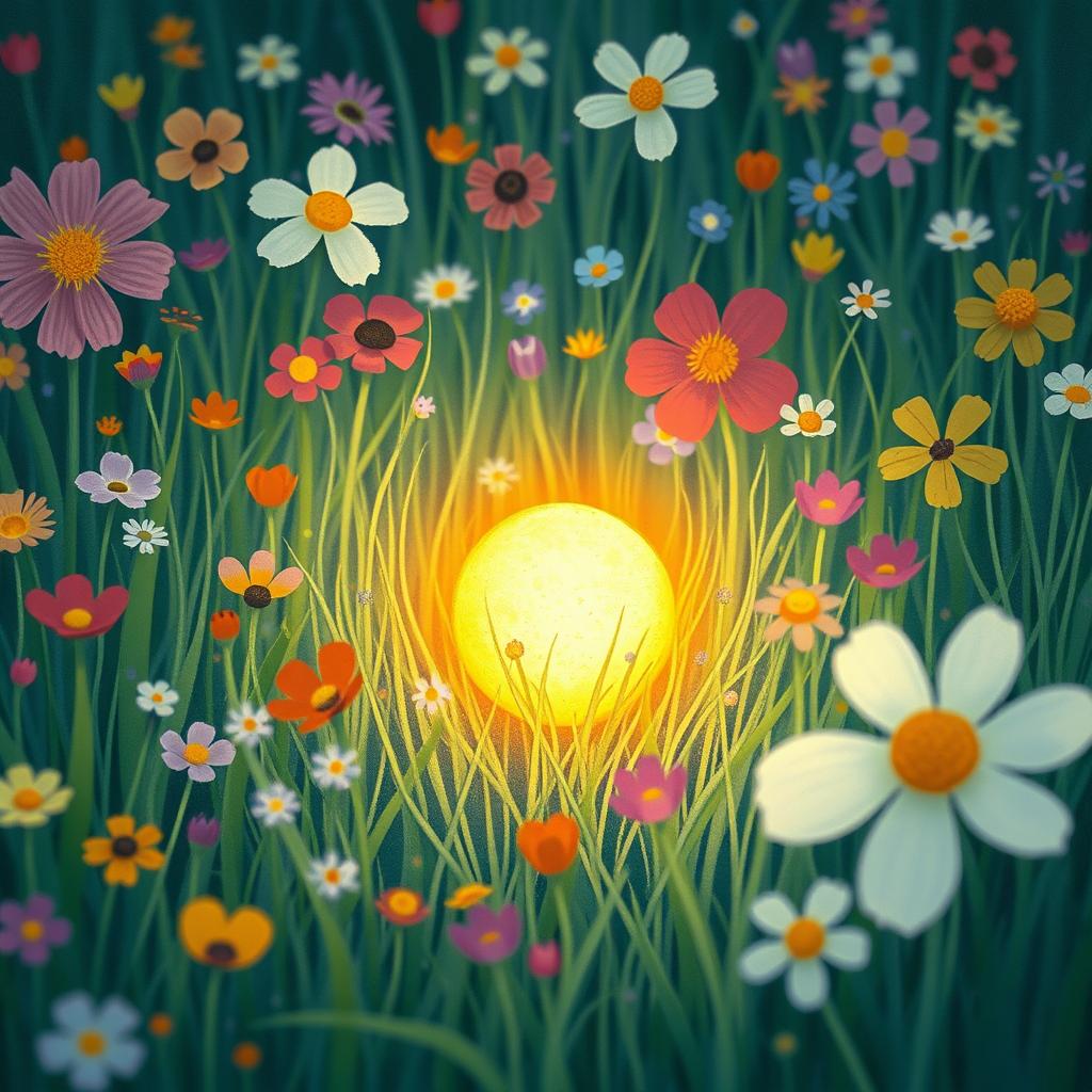Amidst a vibrant spring meadow filled with colorful flowers and lush grass, a small, round golden seed glows softly with a warm light