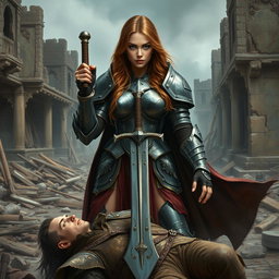 A stunning, busty woman inquisitor with long light brown hair and striking blue eyes, dressed in heavy plated armor that gleams with a metallic sheen