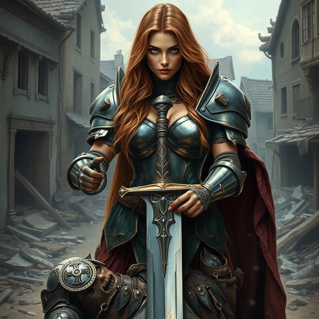 A stunning, busty woman inquisitor with long light brown hair and striking blue eyes, dressed in heavy plated armor that gleams with a metallic sheen