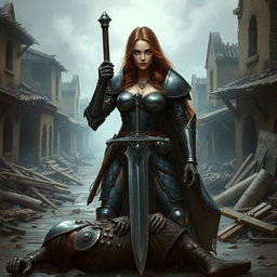 A stunning, busty woman inquisitor with long light brown hair and striking blue eyes, dressed in heavy plated armor that gleams with a metallic sheen