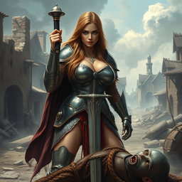 A stunning, busty woman inquisitor with long light brown hair and striking blue eyes, dressed in heavy plated armor that gleams with a metallic sheen