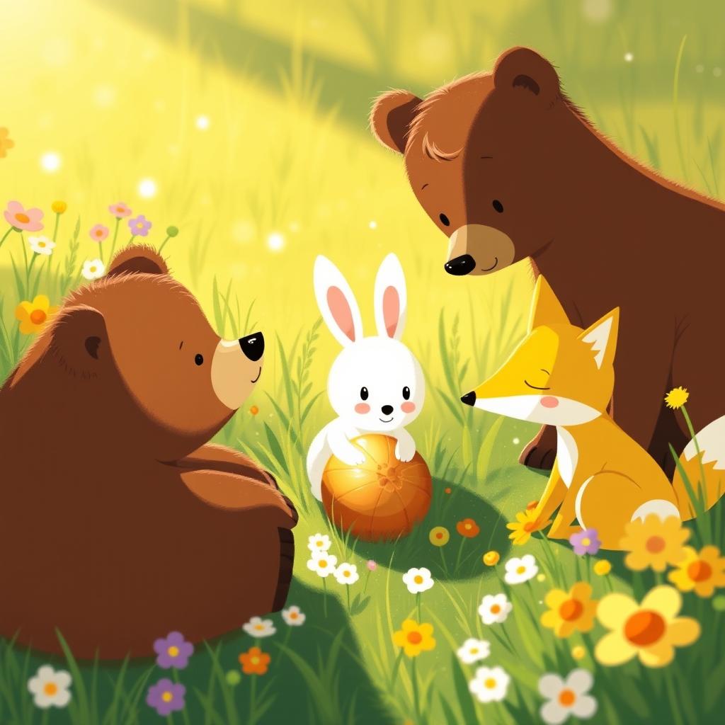 In a beautiful spring morning, amidst a colorful patch of flowers and grass, an adorable brown bear, a cute little white rabbit, and a charming yellow fox gather around a small, round golden seed that glows softly with light