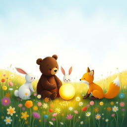 In a beautiful spring morning, amidst a colorful patch of flowers and grass, an adorable brown bear, a cute little white rabbit, and a charming yellow fox gather around a small, round golden seed that glows softly with light
