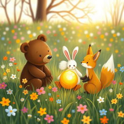 In a beautiful spring morning, amidst a colorful patch of flowers and grass, an adorable brown bear, a cute little white rabbit, and a charming yellow fox gather around a small, round golden seed that glows softly with light