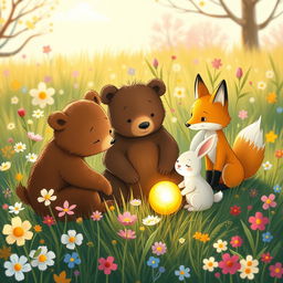 In a beautiful spring morning, amidst a colorful patch of flowers and grass, an adorable brown bear, a cute little white rabbit, and a charming yellow fox gather around a small, round golden seed that glows softly with light