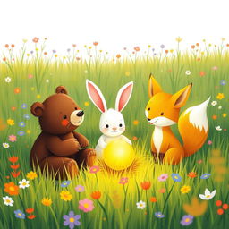 On a bright spring morning, in a vibrant meadow filled with colorful flowers and lush grass, an adorable brown bear, a cute little white rabbit, and a charming yellow fox gather excitedly around a small, round golden seed that softly glows with enchanting light