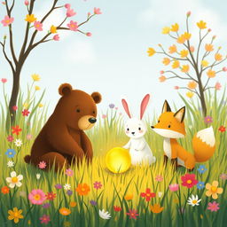 On a bright spring morning, in a vibrant meadow filled with colorful flowers and lush grass, an adorable brown bear, a cute little white rabbit, and a charming yellow fox gather excitedly around a small, round golden seed that softly glows with enchanting light
